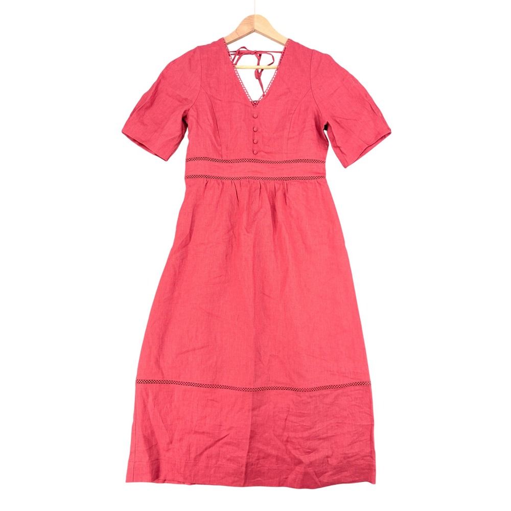 Petite Studio NYC Red Linen Midi Dress Sz M P Cottage Romantic Classic Preppy